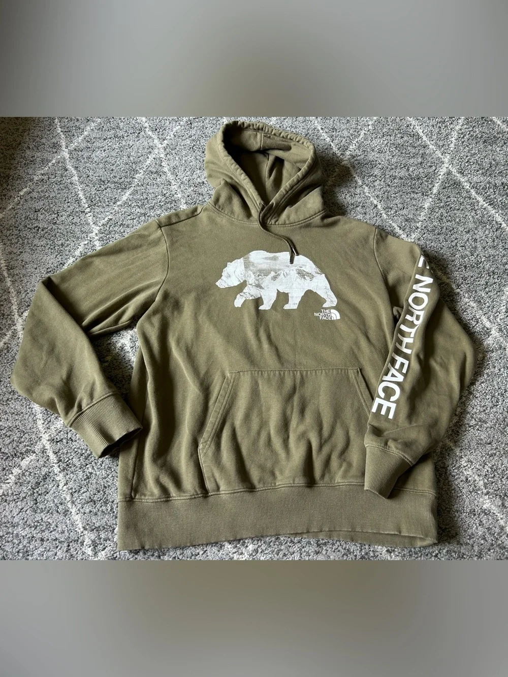 The North Face Olive Green Hoodie White Bear Graphic Sleeve Logo L